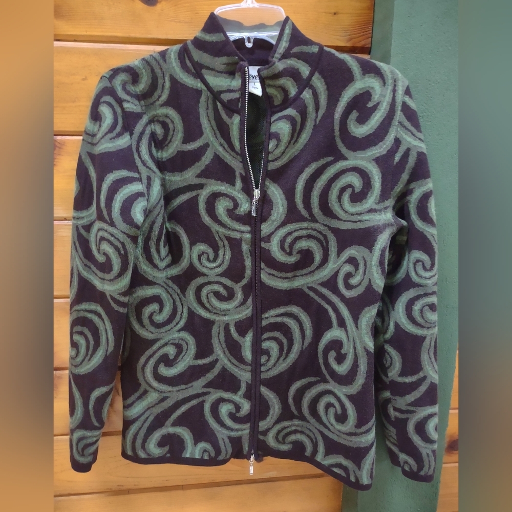 NEVE DESIGNS DOUBLE FACED LADIES' WOOL CARDIGAN SWEATER SZ LG ZIPPER GREEN BROWN